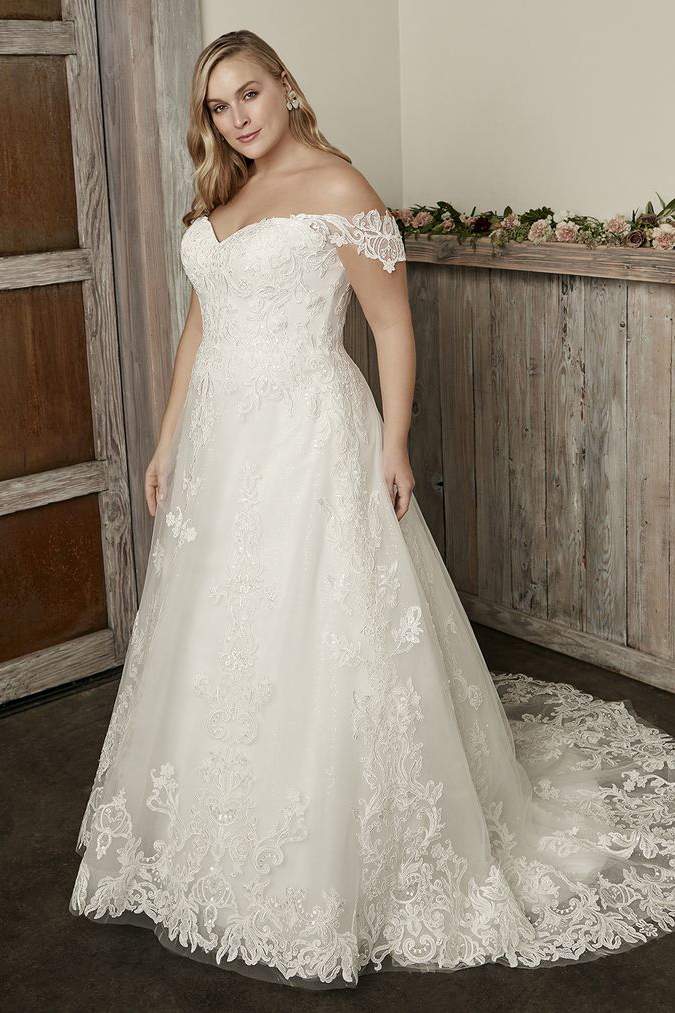 Off The Shoulder Mikado Ball Gown Wedding Dress With Lace Edge