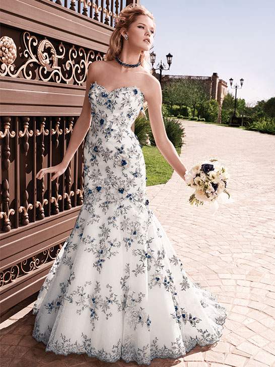 Ivory Wedding Dress With Blue Lace Flowers Backless Online Shop