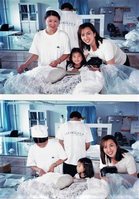 Co-Founder Gloria Lu (right) with daughter and Creative Director Crystal Lu (middle)  
at one of Casablanca’s original factories 