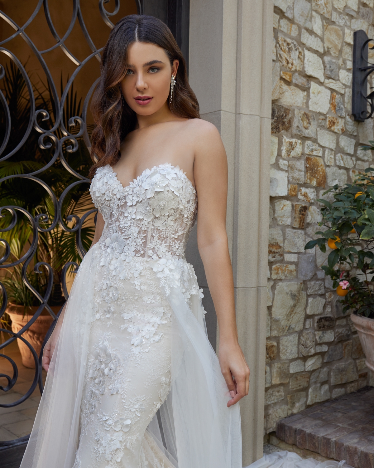 Style 2444 Rebekah, Strapless 3D Floral Lace Fit and Flare Wedding Dress  with Removable Skirt by Casablanca Bridal